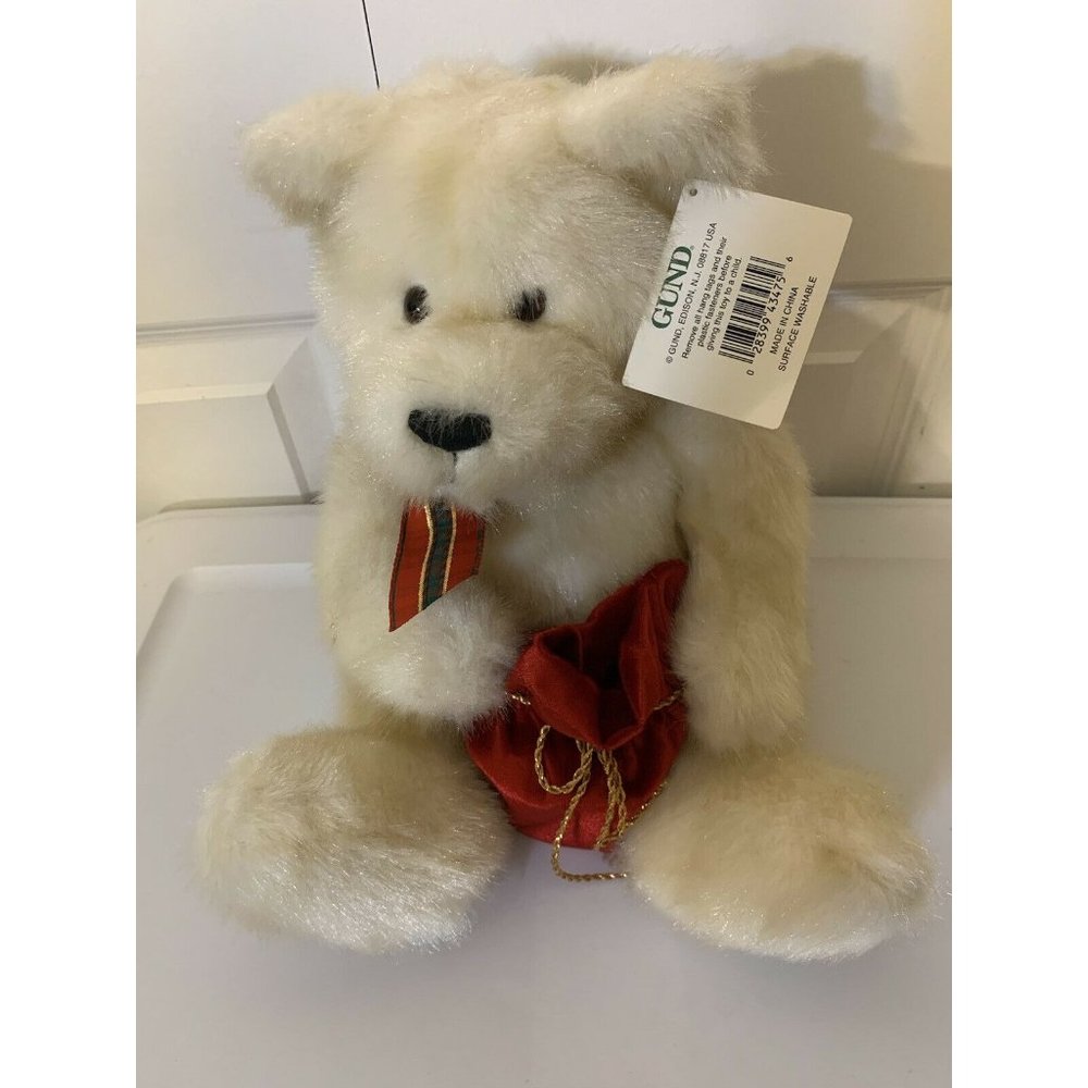 GUND CHRISTMAS PRESENT RED SATIN BAG PLUSH CREAM TEDDY BEAR 43475 STUFFED ANIMAL